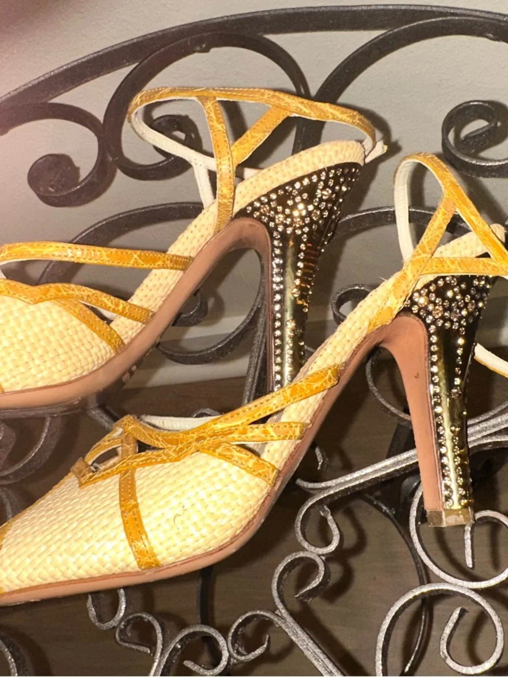 Prada genuine crocodile raffia Swarovski crystal 37.5 7 7.5 high Heel Sandals - Picture 7 of 8
